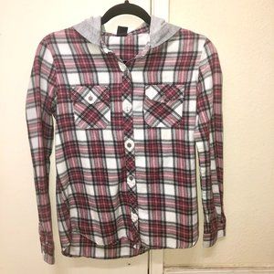 EMPYRE Red Button Up Flannel with Gray Hood